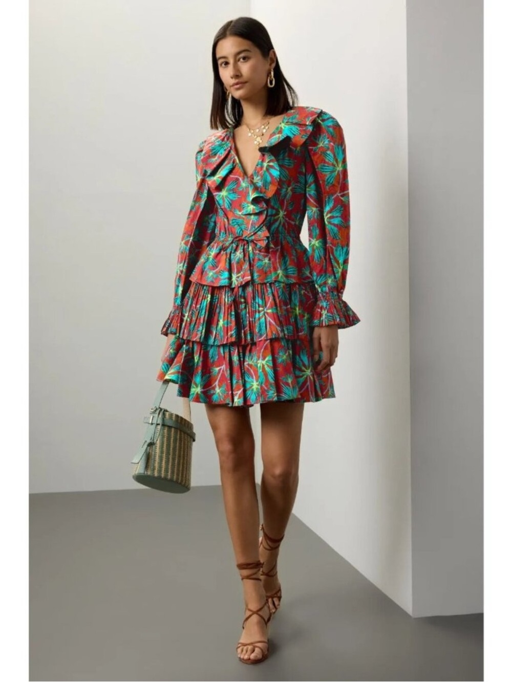 Ulla Johnson Rust Tropical Print Tiered Ruffle Lola Mini Dress Size 8